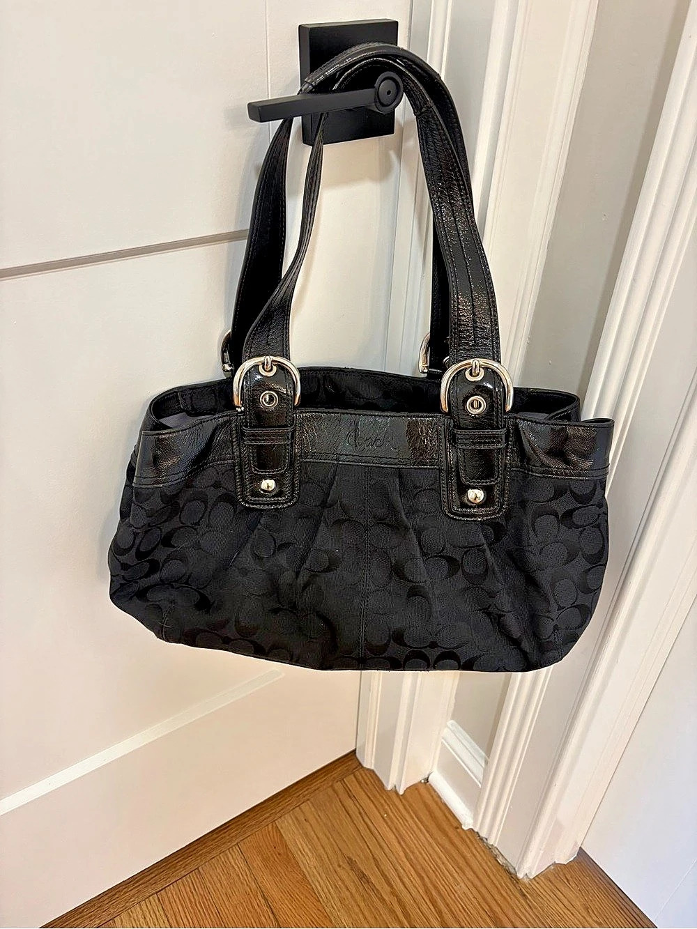 Coach Poppy Signature Black Patent Trim Tote Shoulder Bag